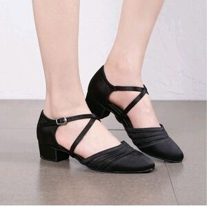 HXYOO Black Ballroom Dance Shoes Social Beginner Salsa Latin Closed Toe Size 6.5